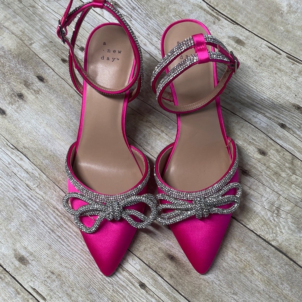 a new day Hot Pink Satin Pointed Toe Ankle Strap Heels with Crystal Bow